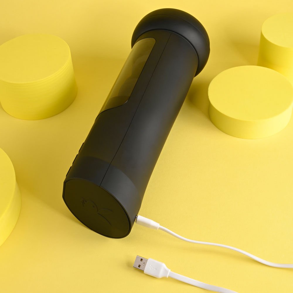 Top open view of the Playboy Pleasure End Game vibrating stroker displaying the charger connection inside, on a clean white background | Flirty Bay adult store Perth